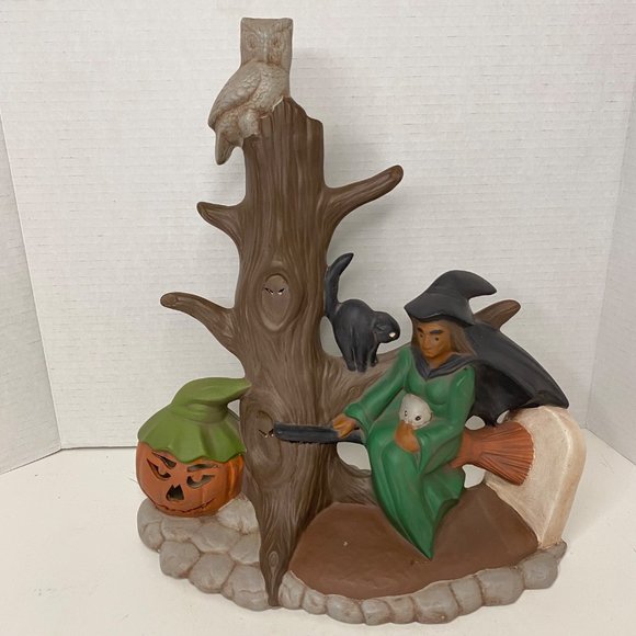 Cramer 1980 Halloween ceramic sculpture witch Jack-o-Lantern black cat owl light - Picture 2 of 12
